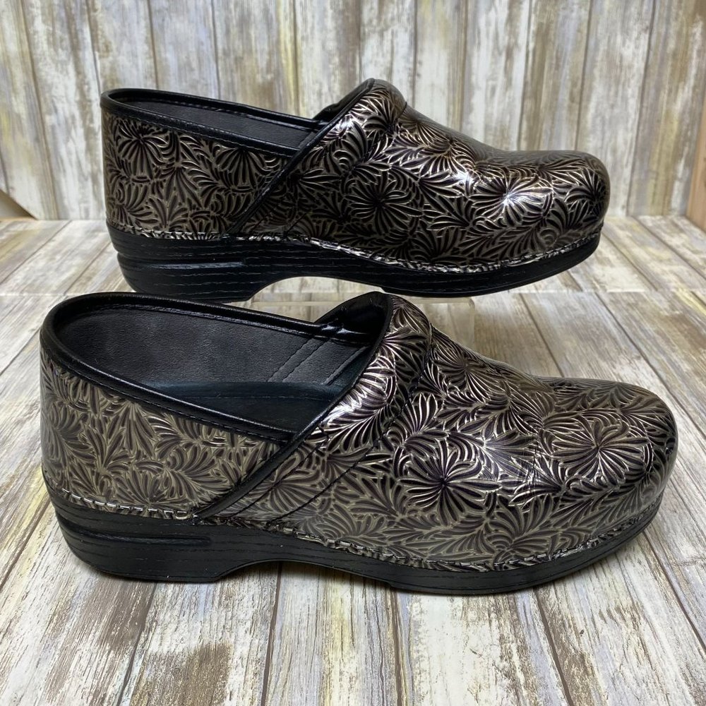 Dansko XP Silver Ornate Patent Leather Work Clogs, Women's 10.5 US, Size 41 EU